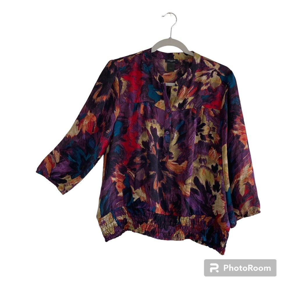 Ann Taylor Est 1954 Womens Blouse Top L Gathered Hem Bold Floral Artsy Office